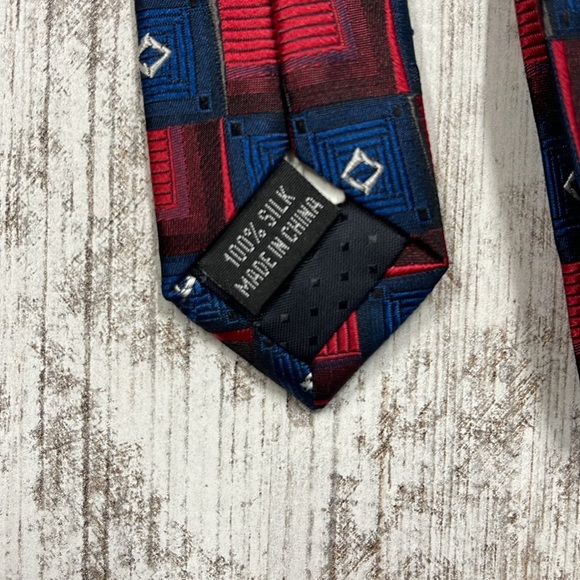 Fabio Fazio Blue Red Square Patterned Hans Made Pure Silk Neck Tie - Picture 5 of 7